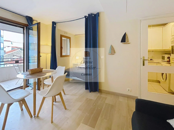 Cannes Banane – Élégant 2 pièces en étage élevé avec terrasse, cave et mobilier inclus.